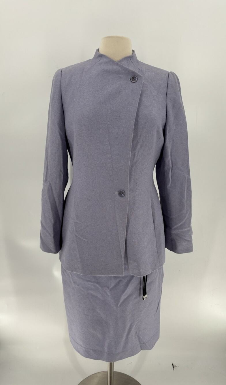 Vintage Anna Linder Skirt Suit Womens Medium Purple 100% Wool Belted Button